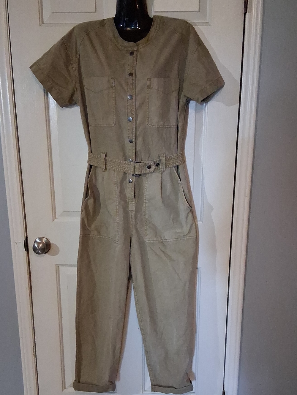 Utility Short-Sleeve Jumpsuit in Tan with Belt